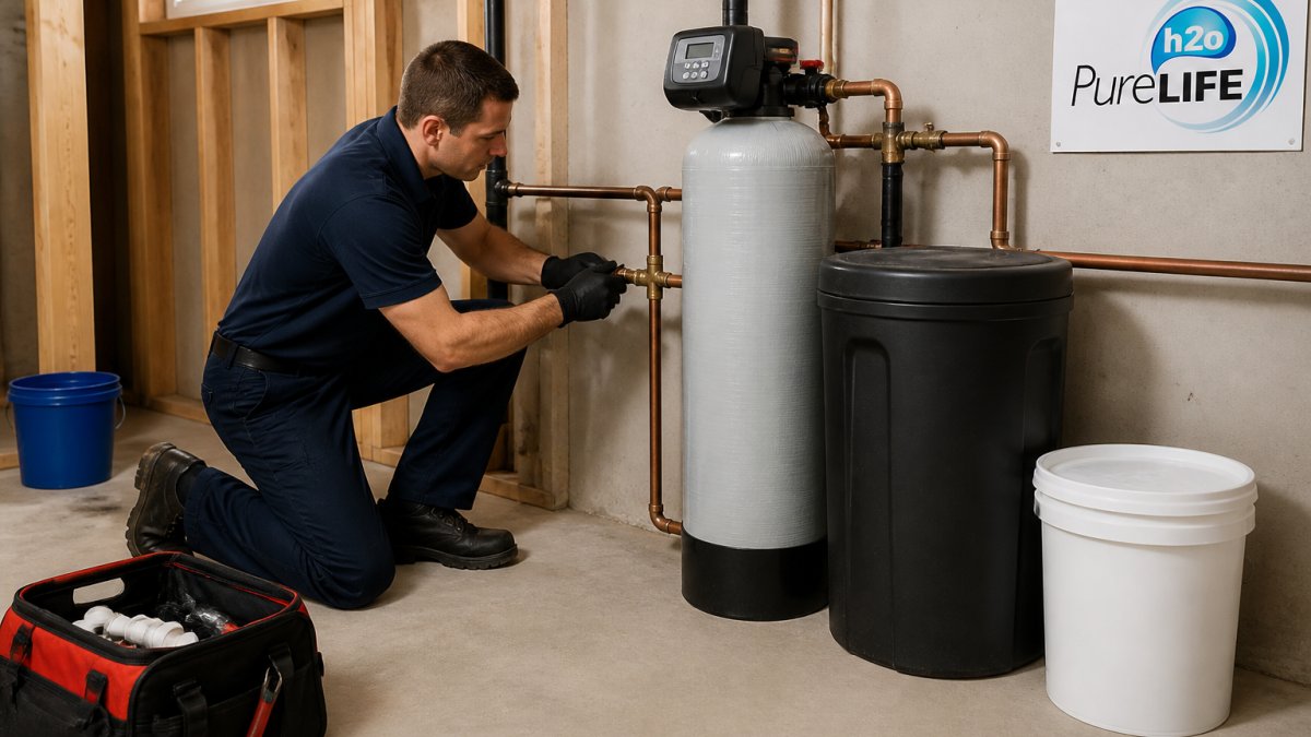 A technician in work clothes connecting copper piping to a water softener tank in a clean residential basement, with tools and a bucket nearby