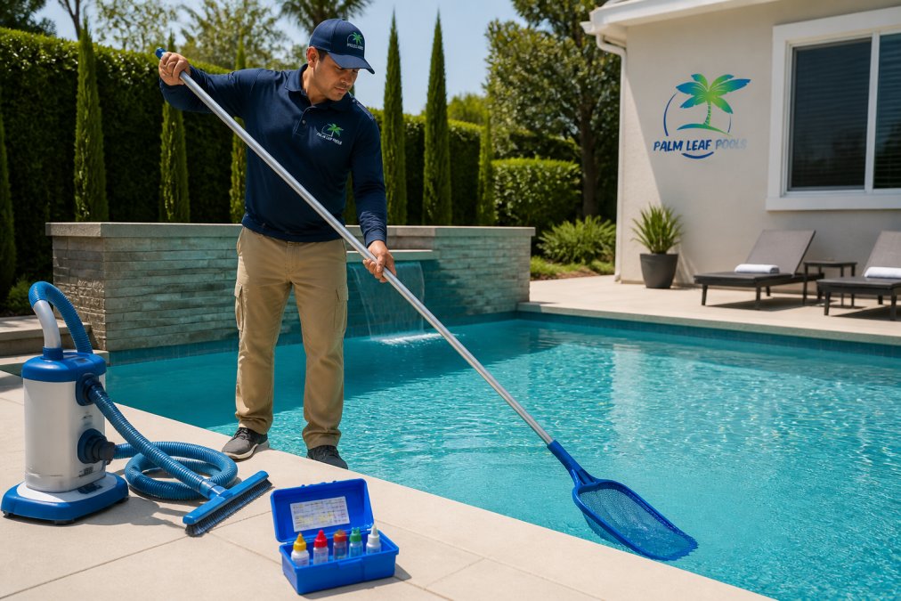 Pool technician skimming debris from a residential pool during weekly pool maintenance on a sunny day.