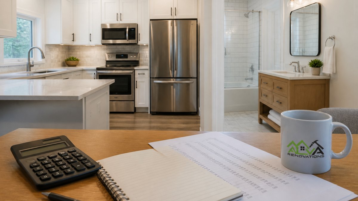 Modern kitchen with updated white cabinetry, quartz countertops, and stainless steel appliances adjacent to a newly renovated bathroom with subway tile, modern vanity, and chrome fixtures