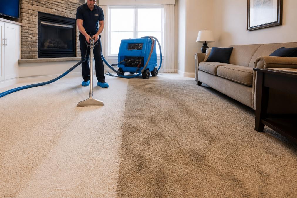 A professional carpet cleaner operating a truck-mounted steam cleaning machine inside a bright residential living room, with visible clean and dirty carpet sections side by side