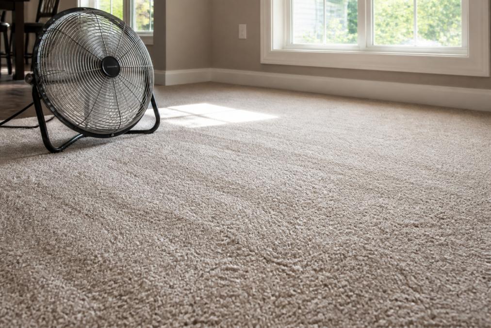 Close-up of a freshly cleaned, slightly damp carpet with a small standing fan placed nearby to speed drying in a sunlit home interior