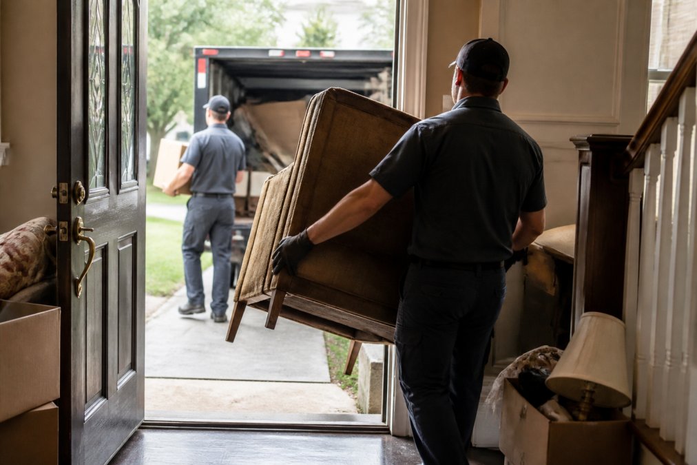 Cleanout crew removing furniture and boxes to manage the cost of whole house cleanout services