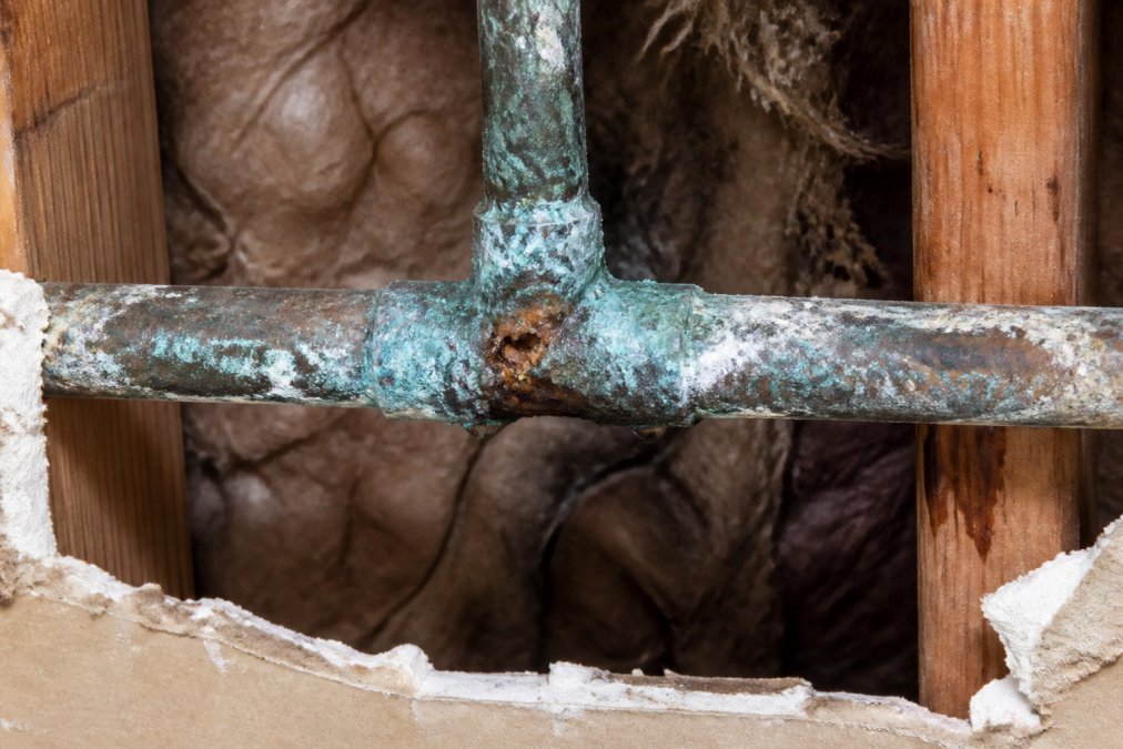 Corroded copper pipe with pinhole leaks and mineral buildup indicating the need for a whole house repipe.