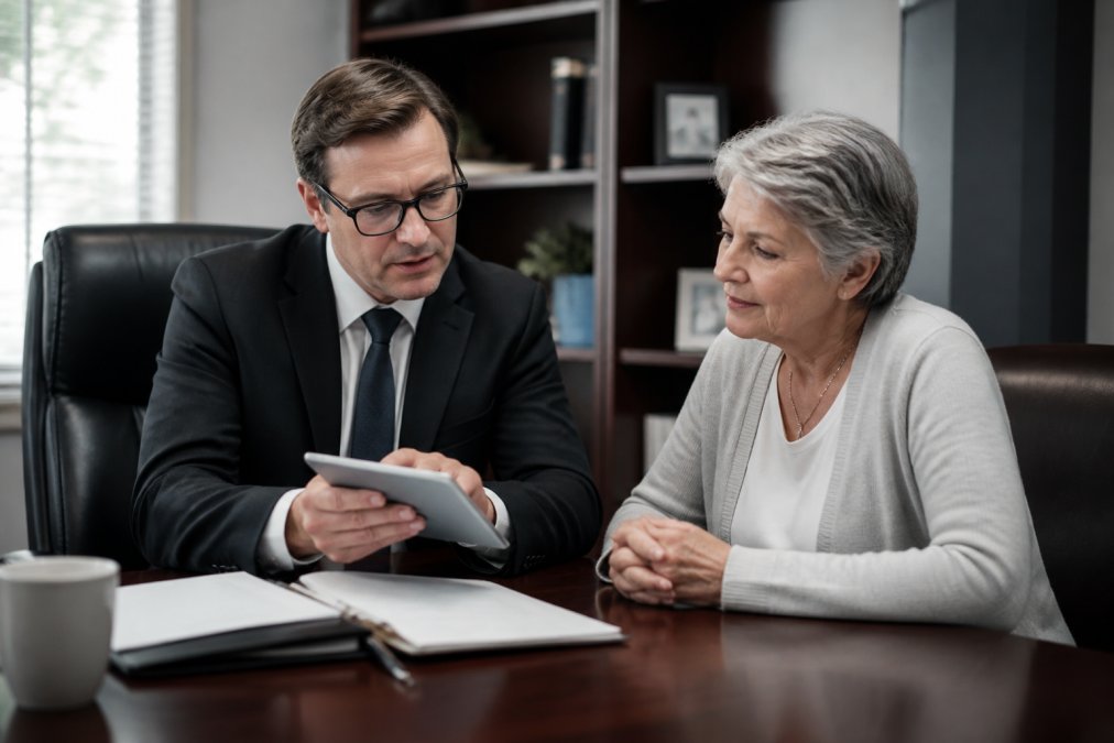A focused insurance agent at a desk reviewing a tablet with a prospective client, both engaged in conversation in a well-lit office