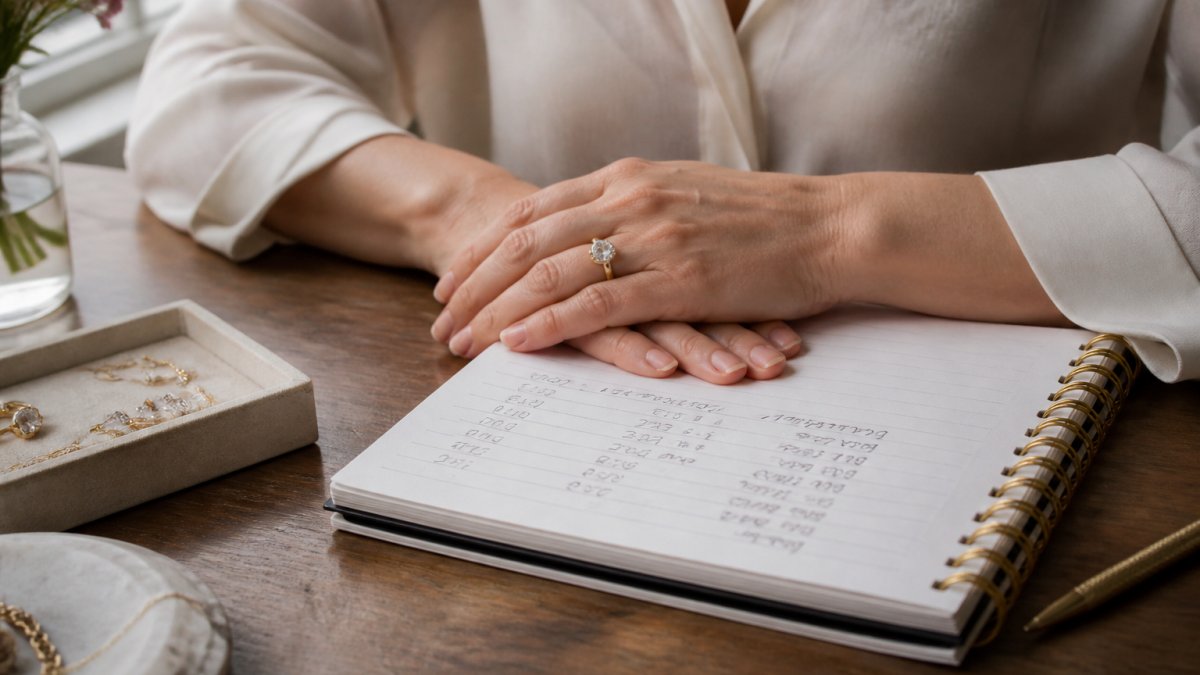 Woman calculating cost per wear by hand in a notebook at a sunlit desk