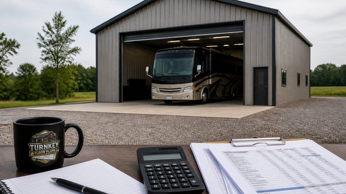 A large detached metal RV garage with an open roll-up door, a Class A motorhome parked inside on a concrete slab, gravel driveway leading up to it, rural property with trees in the background