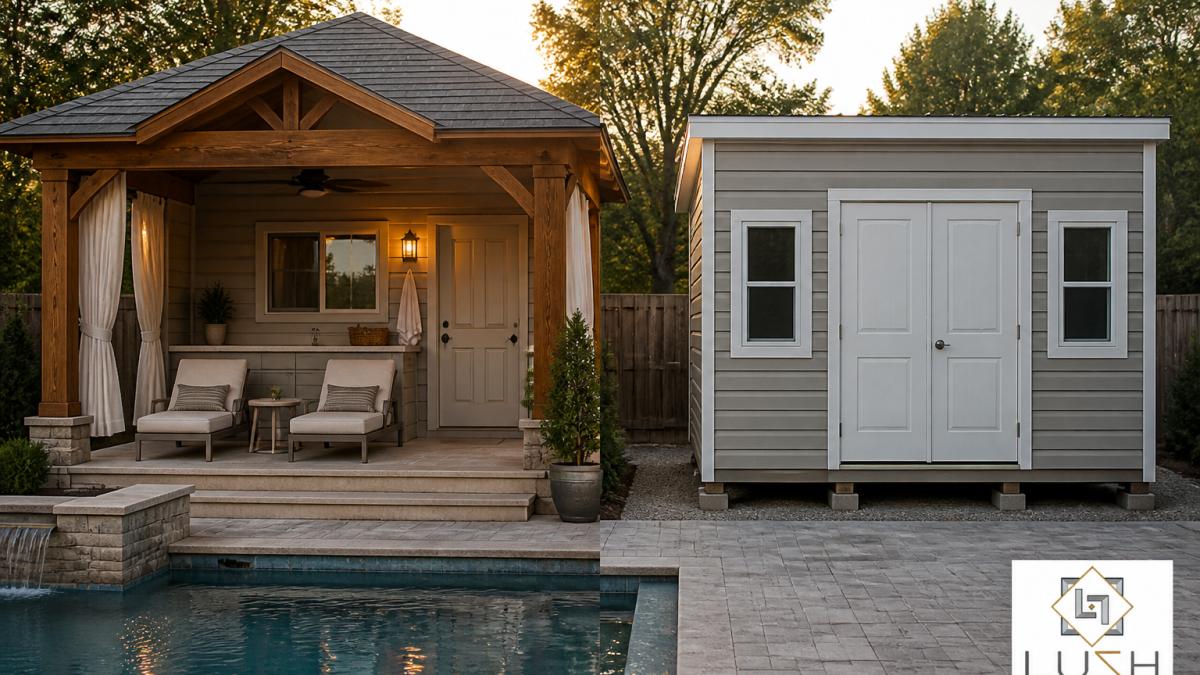 Cedar pool cabana on a stone patio at golden hour, illustrating the cost to build a small pool cabana project.