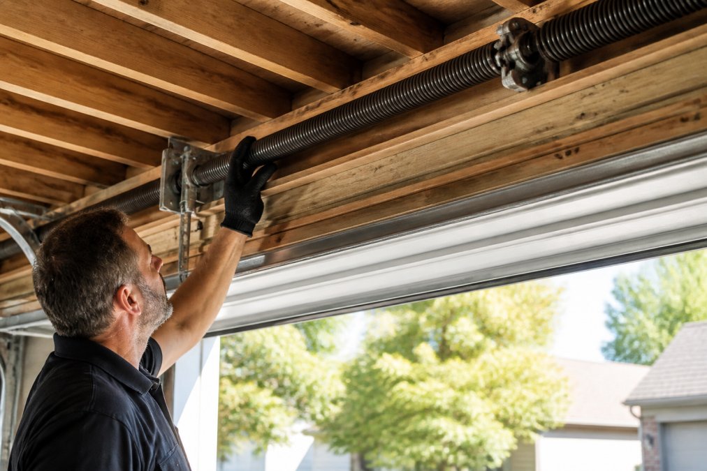 Technician inspecting garage door extension springs to torsion conversion setup on a residential ceiling