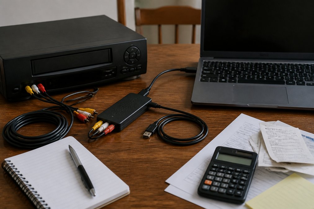 Vintage VCR connected to a capture card and laptop to convert old home videos on a wooden desk.