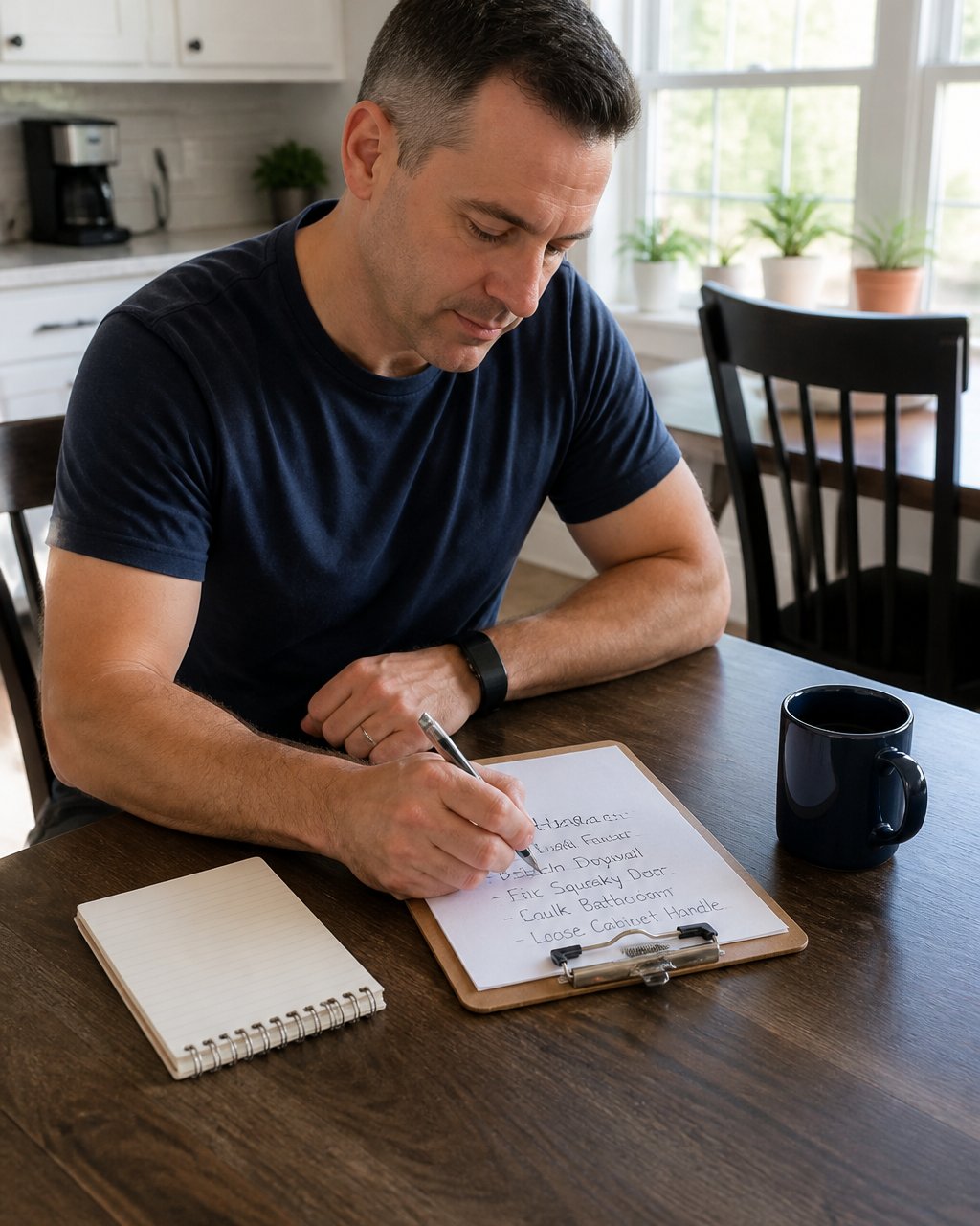 Homeowner sitting at kitchen table writing repair notes on a clipboard with pen and notepad, natural morning light from window, list of home repairs visible on paper