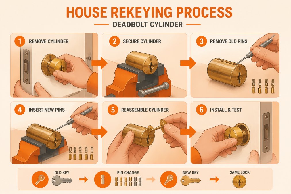 Professional locksmith's hands working on a residential door deadbolt cylinder with specialized rekeying tools, showing the pin manipulation process in a well-lit home setting