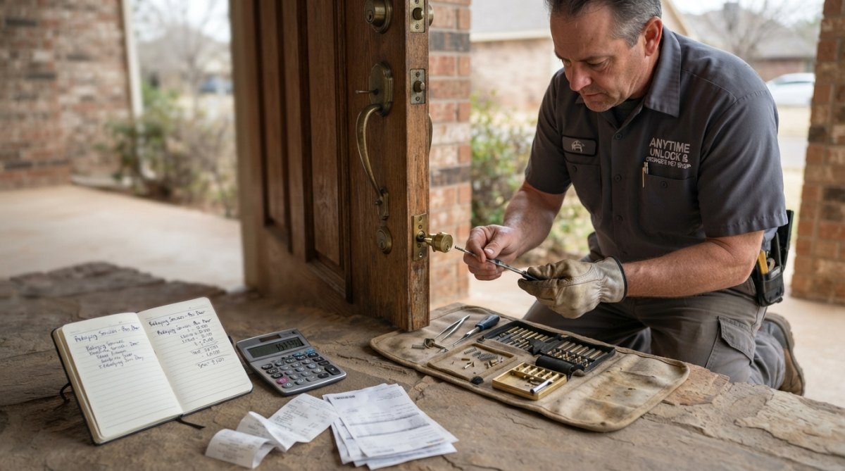 A locksmith in work clothes kneeling at a residential front door, rekeying a deadbolt with small tools and a pinning kit laid out on a mat beside him
