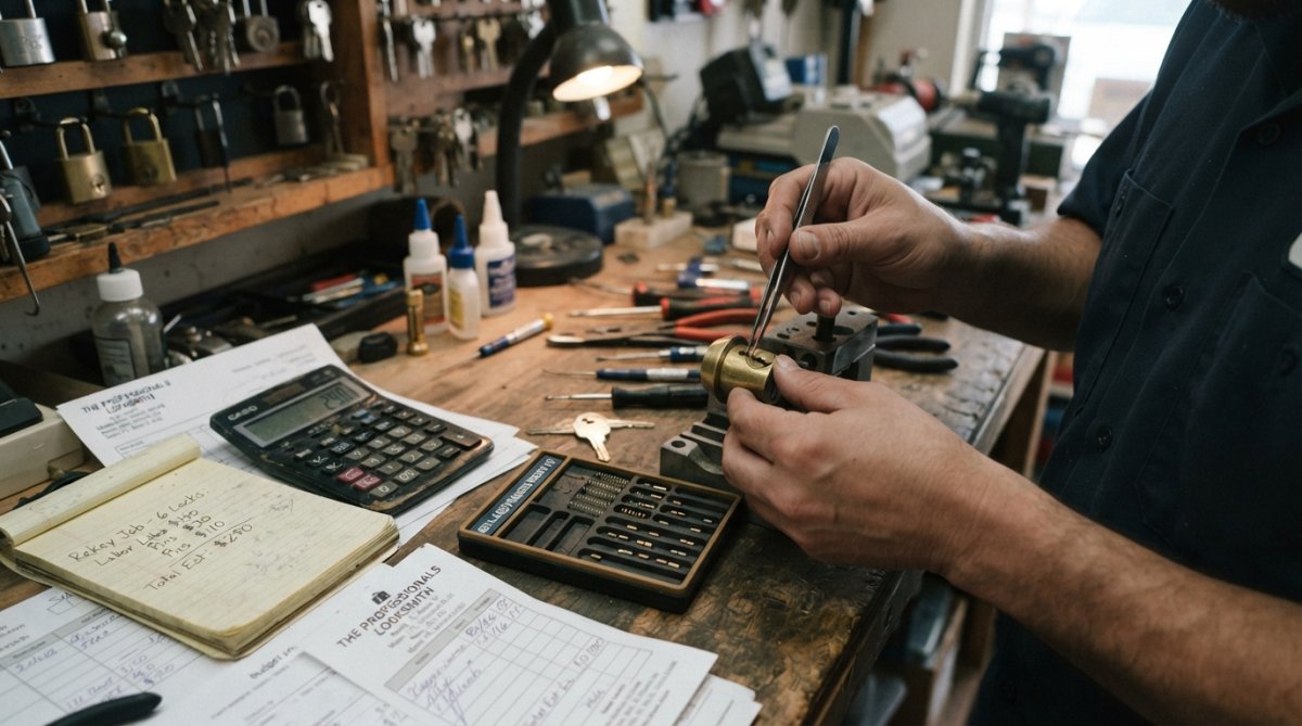 Close-up of a locksmith's hands using a pin tumbler rekeying kit on a disassembled deadbolt cylinder on a workbench, with key pins and springs laid out in a small tray