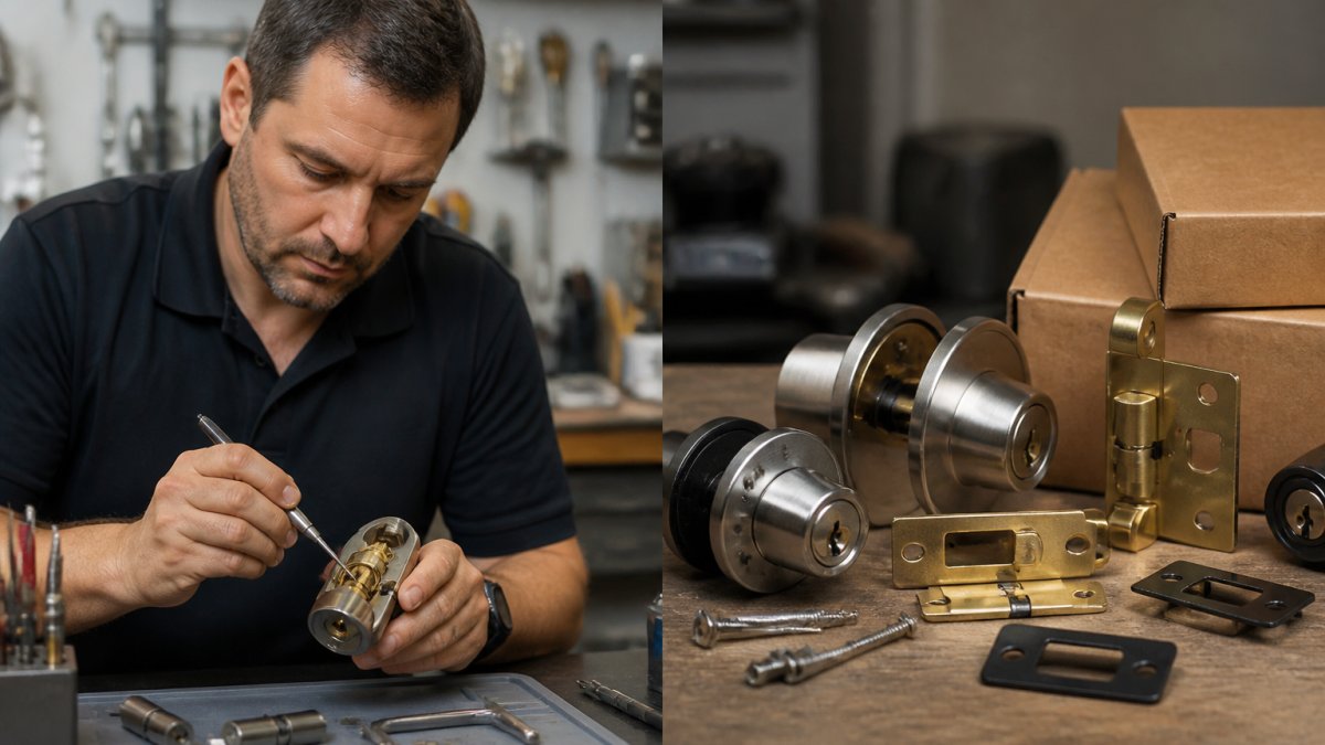 Professional locksmith using specialized tools to adjust tumbler and pin stack components while rekeying a residential deadbolt in a well-lit workshop