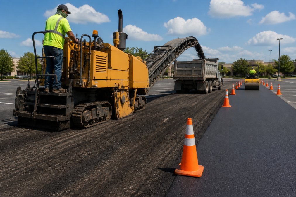 Crew of workers operating asphalt milling equipment and compaction machinery on a commercial parking lot, with safety cones marking work zones and fresh asphalt visible in background under bright daylight