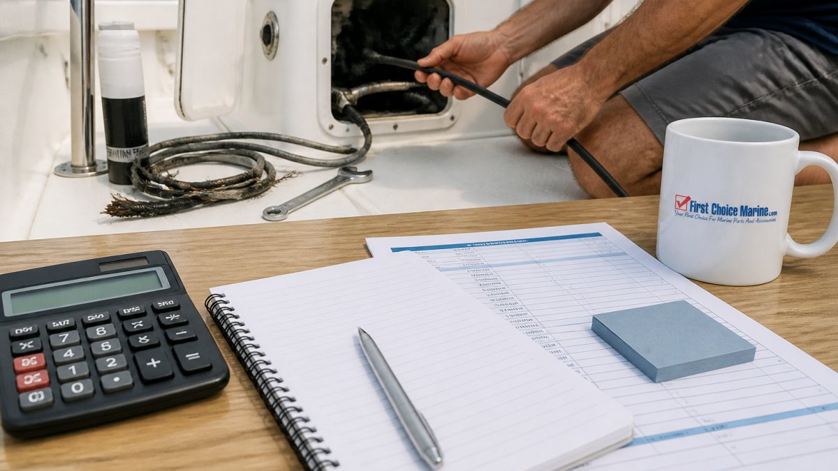 Hands threading a new steering cable through a center console boat access panel with tools nearby