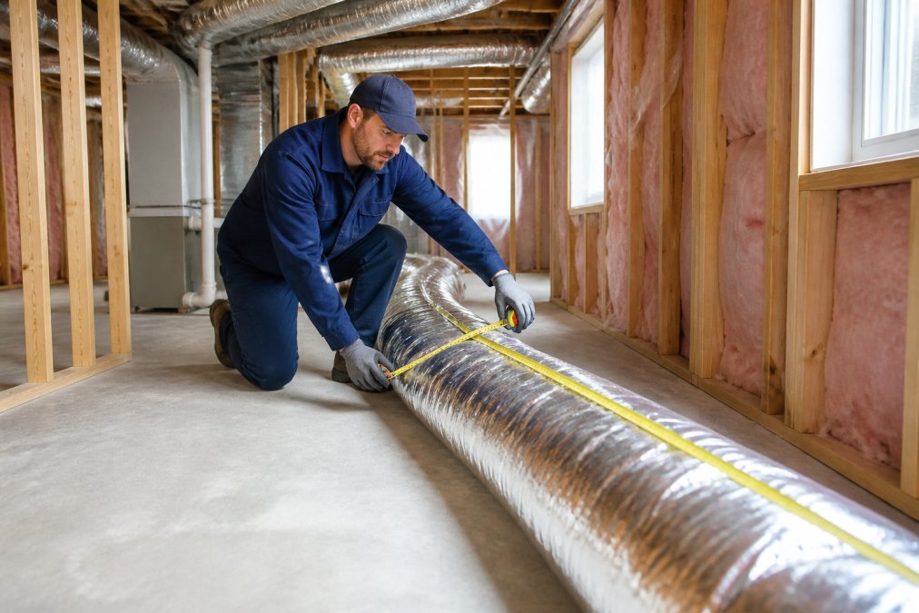 A technician measuring a long run of new flexible ductwork in a bright, unfinished basement, with a tape measure stretched along the foil-lined duct