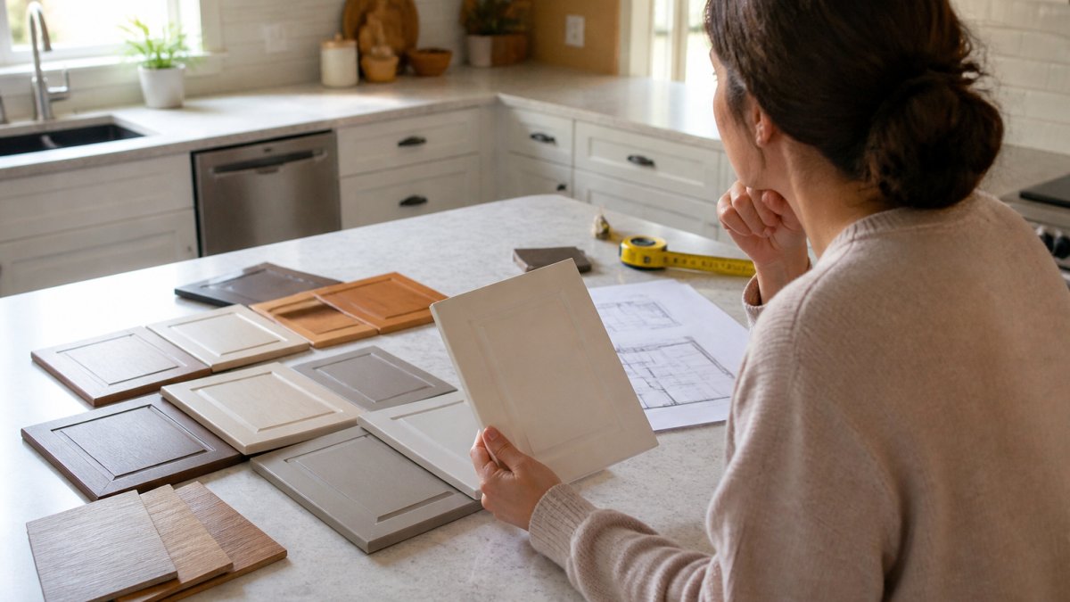 Homeowner reviewing cabinet color samples and design sketches spread across a kitchen countertop with a measuring tape and floor plan in natural morning light