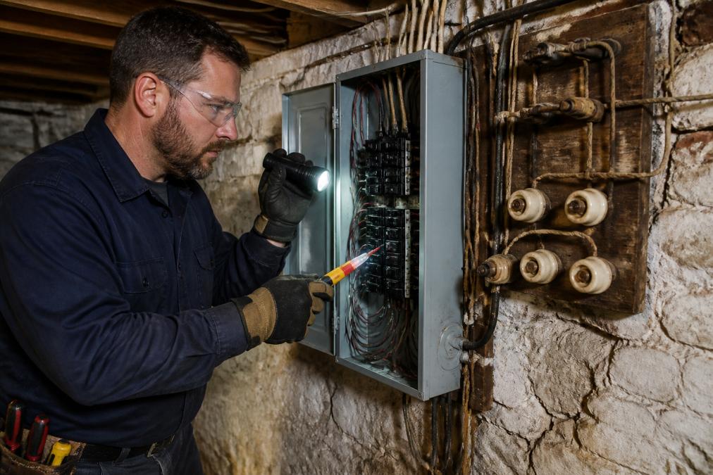 Electrician inspecting knob-and-tube wiring in an old basement to estimate the cost to replace old electrical wiring in 2026