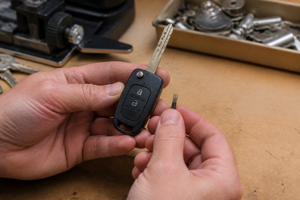 Close-up of a locksmith's hands holding a modern car key with a small transponder chip visible next to the key blade on a well-lit workbench