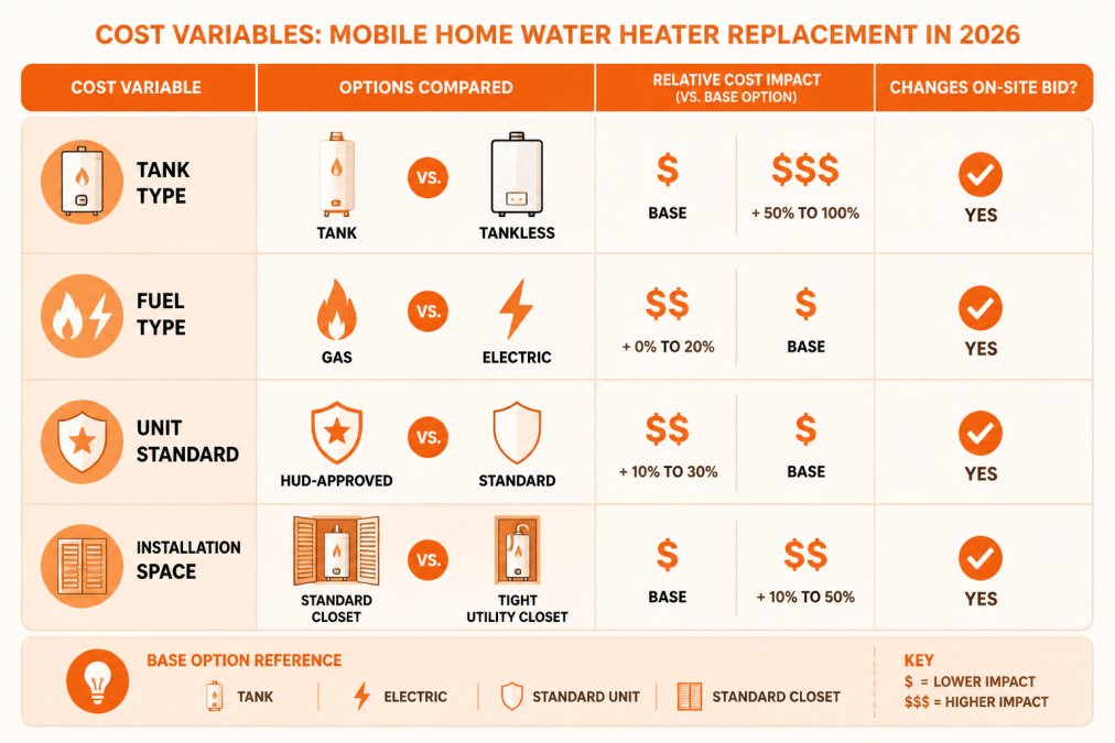 Matrix comparing cost variables for mobile home water heater replacement: tank vs tankless, gas vs electric, HUD-approved vs standard unit, standard closet vs tight utility closet, with columns for relative cost impact and whether each factor changes the on-site bid