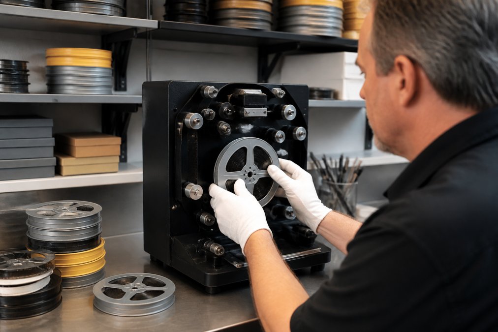 Technician in white gloves using a professional scanner to restore Super 8 film in a clean studio environment.