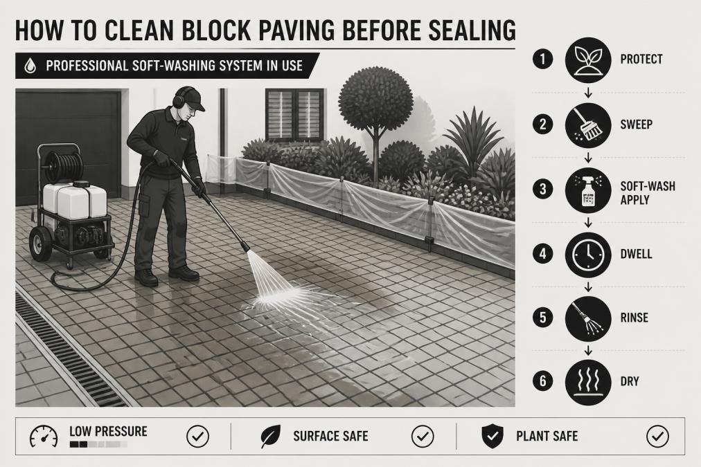 Professional soft-washing system in use on block paving driveway with water streaming across blocks, surrounding plants protected with barriers, natural daylight showing the cleaning process