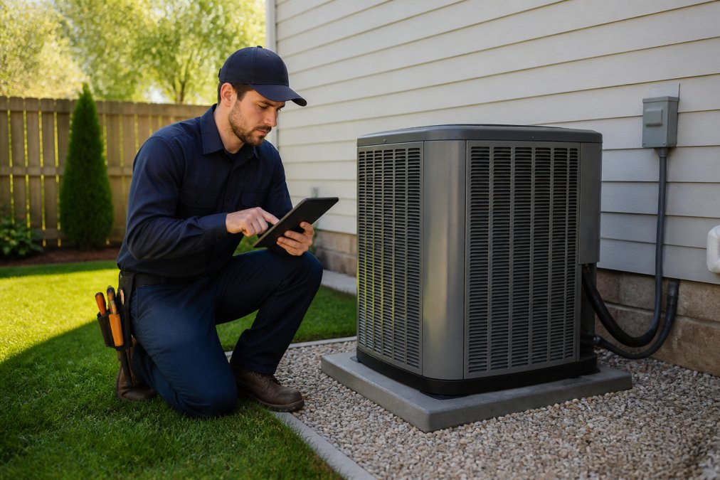 A professional HVAC technician in a navy uniform kneeling beside a modern outdoor condensing unit in a residential backyard, holding a digital tablet and checking system readings on a bright sunny day
