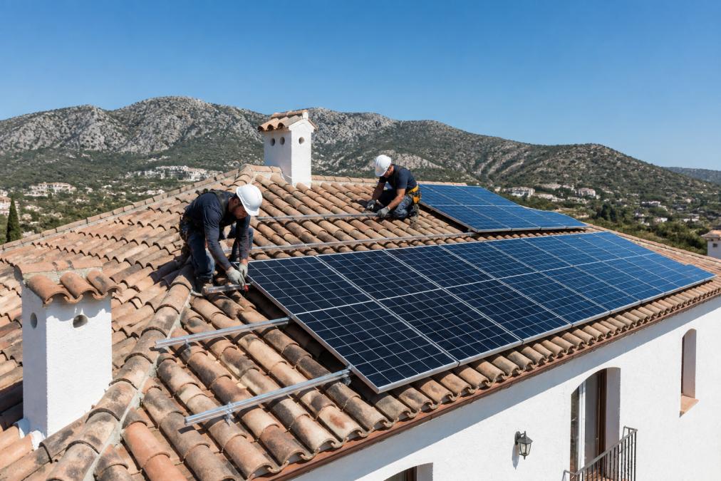 Roofers securing solar panel brackets on a terracotta villa roof, simplifying solar permitting in Javea.