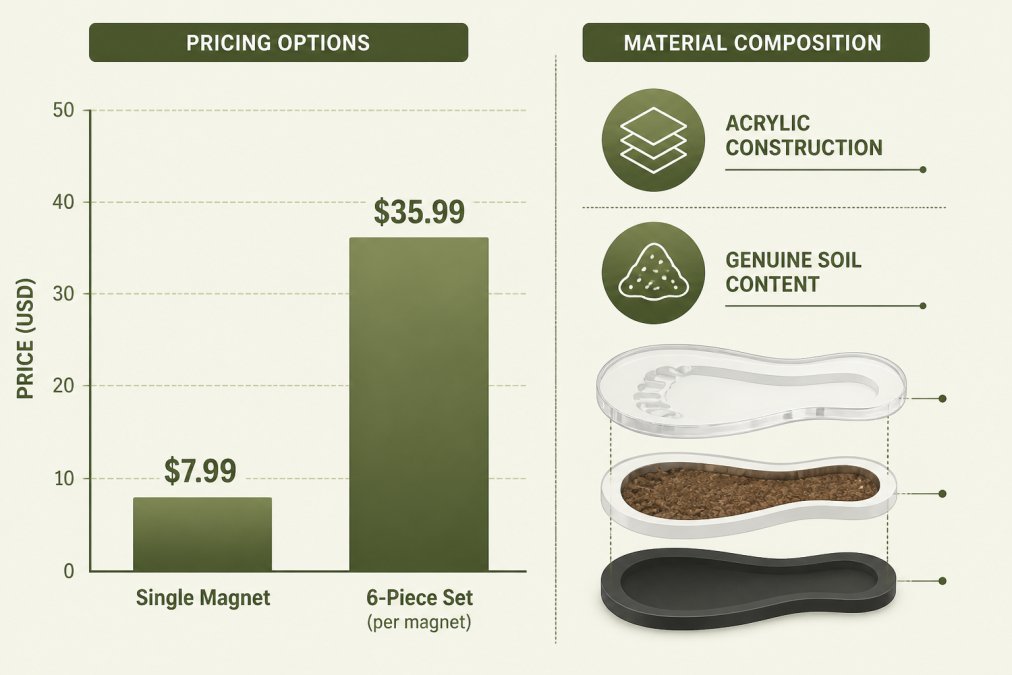 Bar chart comparing pricing options: Single Magnet $7.99, 6-Piece Set $35.99 per magnet, with material composition showing acrylic construction and genuine soil content