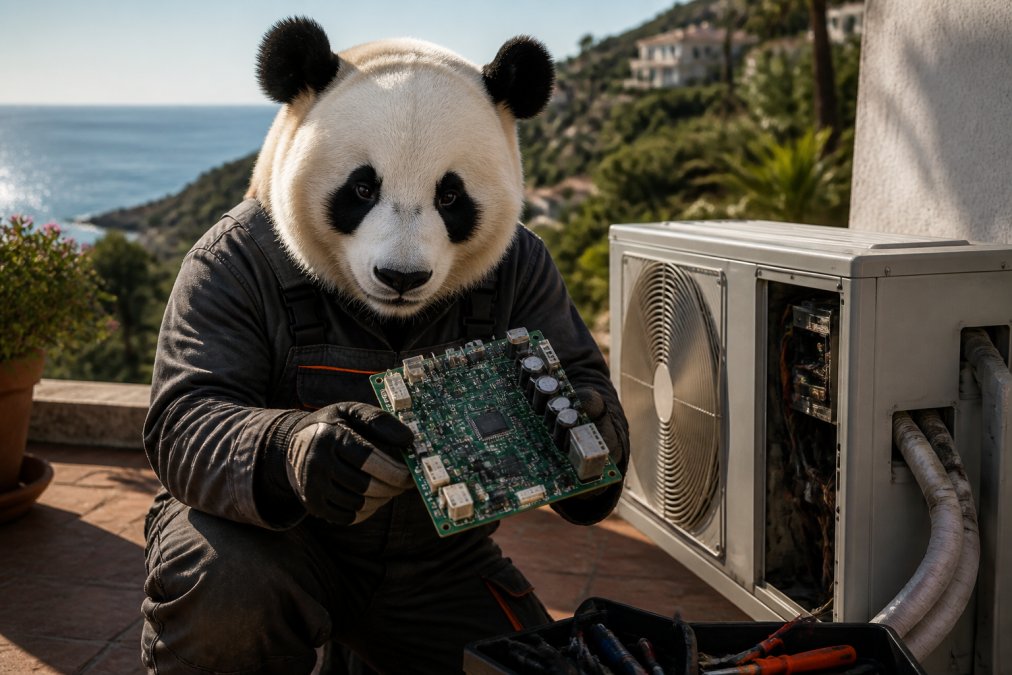 Un oso panda técnico con guantes de trabajo sosteniendo una placa electrónica de aire acondicionado junto a una unidad exterior, en una terraza luminosa cerca del mar
