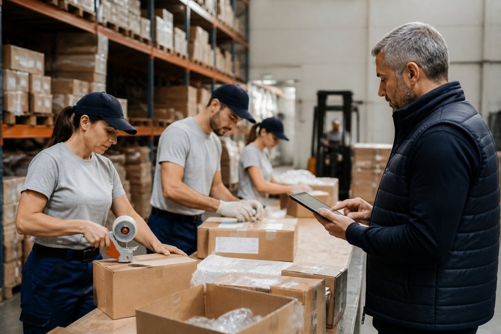 Operai in un magazzino organizzato gestito tramite outsourcing personale etichettano e imballano le merci.