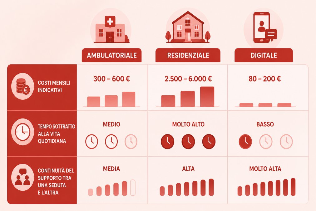 Grafico a barre che confronta ambulatoriale, residenziale e digitale su quattro assi: composizione della spesa mensile, ore settimanali sottratte alla routine, giorni di copertura del supporto tra una seduta e l'altra, durata tipica del piano