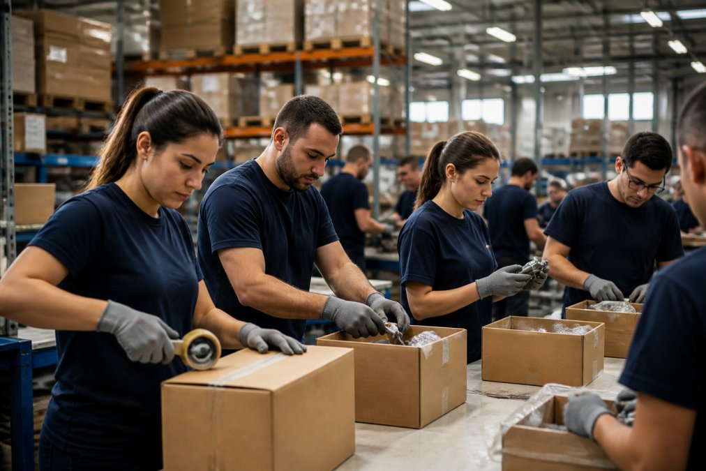 Team di operai in magazzino gestisce il picco di lavoro ottimizzando il costo personale temporaneo durante l'assemblaggio.