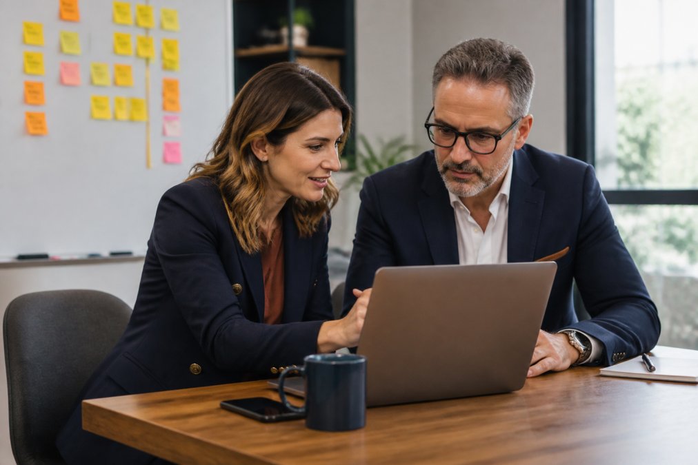 Consultant and business owner reviewing a workflow diagram to analyze the costs of custom business workflow automation