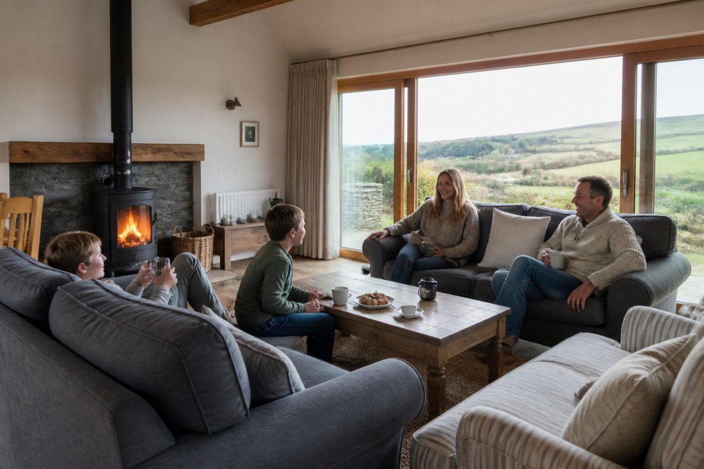 A bright, spacious barn conversion living room with a log burner, comfortable sofas, countryside views through large windows, and a family relaxing together