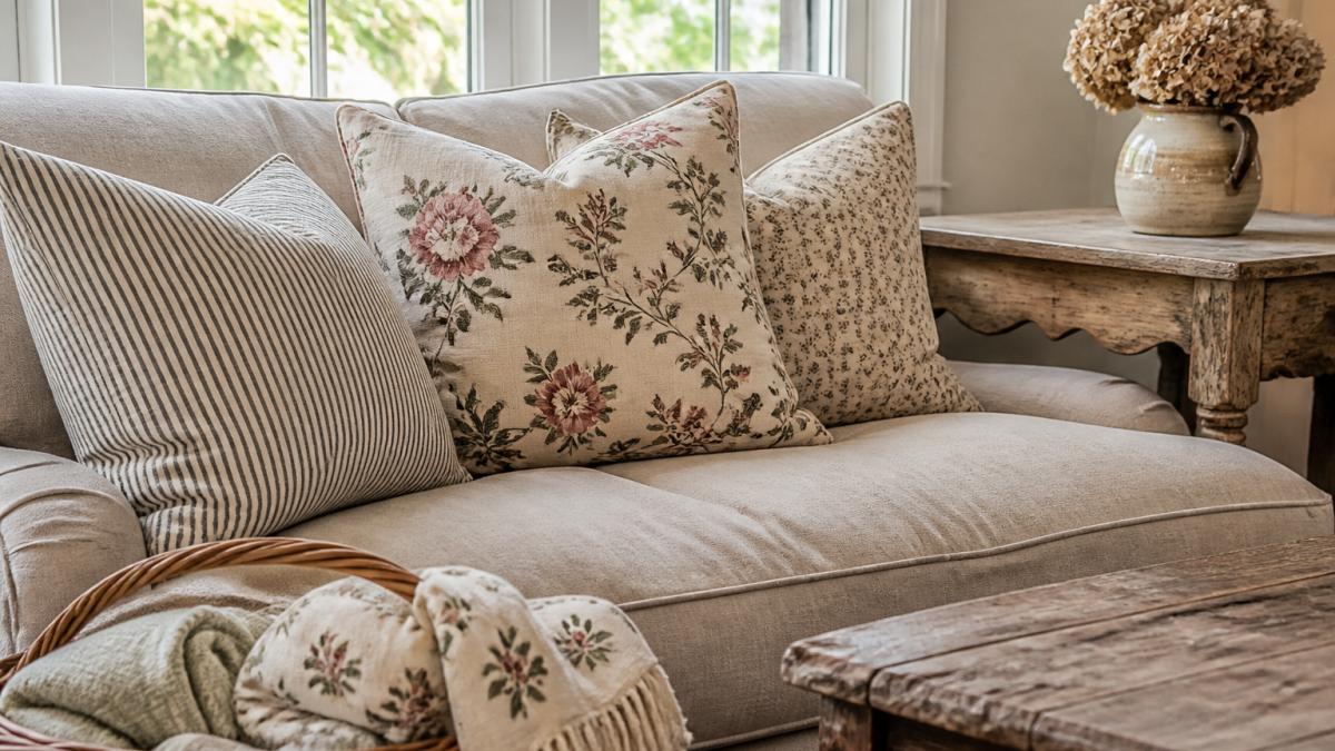 A sunlit cottage living room with a linen sofa layered in floral block-print and ticking-stripe pillow covers, a wicker basket of throw blankets, and a weathered wooden side table holding a small vase of dried flowers