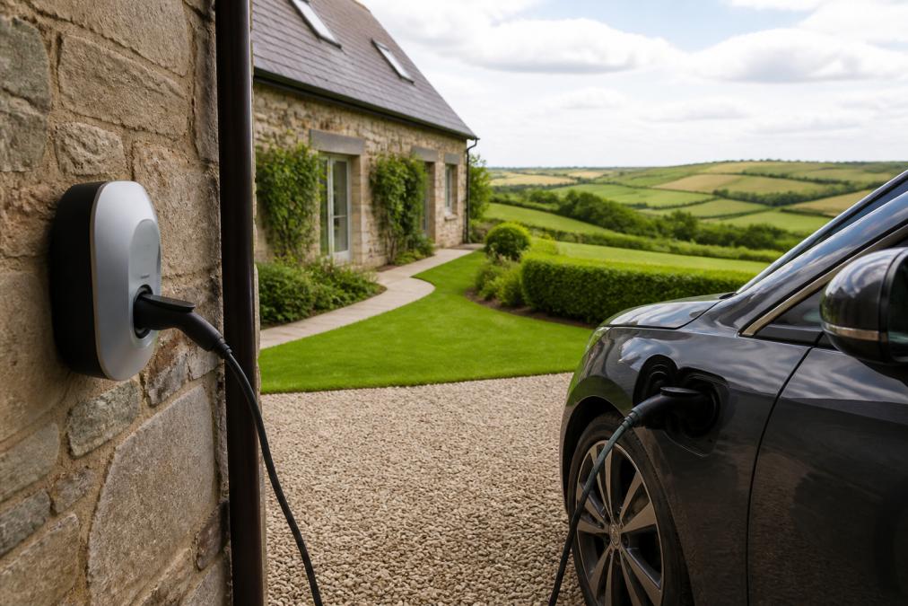 Electric vehicle charging cable plugged into a wall-mounted unit at one of our luxury cottages Devon EV charging barn.