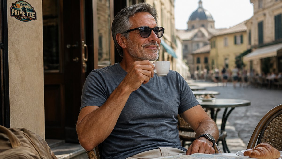 Experienced traveler wearing a soft cotton blend tee while relaxing at a European café with warm sunlight, looking comfortable and at ease