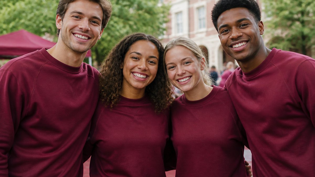 Close-up of university team members wearing matching cotton-blend apparel during an outdoor campus event, showing vibrant team colors, comfortable fit, and coordinated team identity in natural daylight