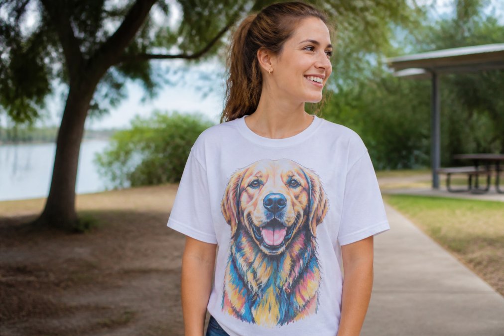 A young adult wearing a colorful graphic t-shirt featuring a dog design, standing in a casual outdoor setting, smiling naturally