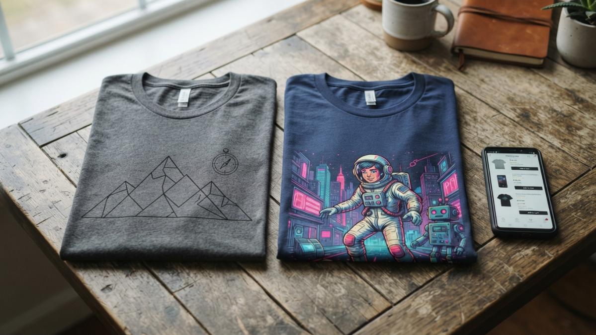Comparison chart of two graphic t-shirt styles displayed with a smartphone shopping app on a wooden table