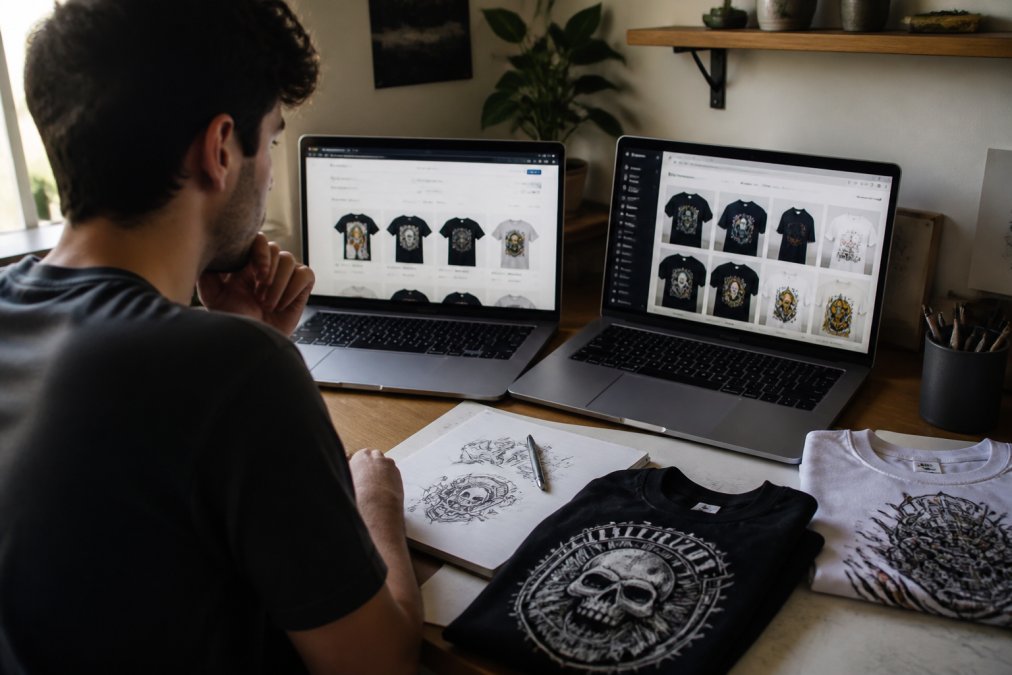 A young graphic artist at a desk comparing two laptop screens showing different online storefronts, with printed t-shirt samples and design sketches nearby