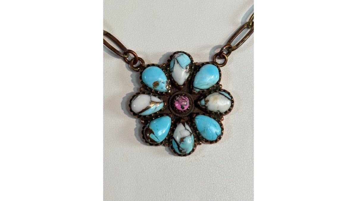 Cotton Candy Turquoise Cluster necklace set in Copper 18"