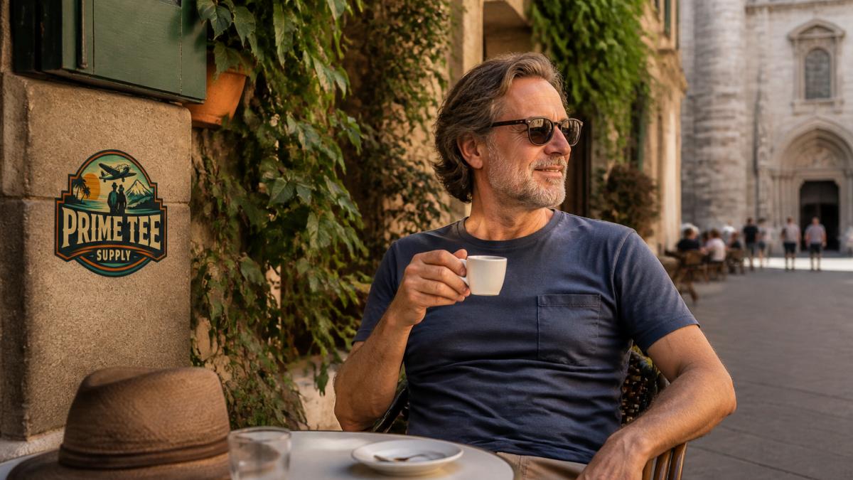 Mature traveler in a soft cotton graphic tee sipping espresso at a sunny outdoor European café with historic stone walls.