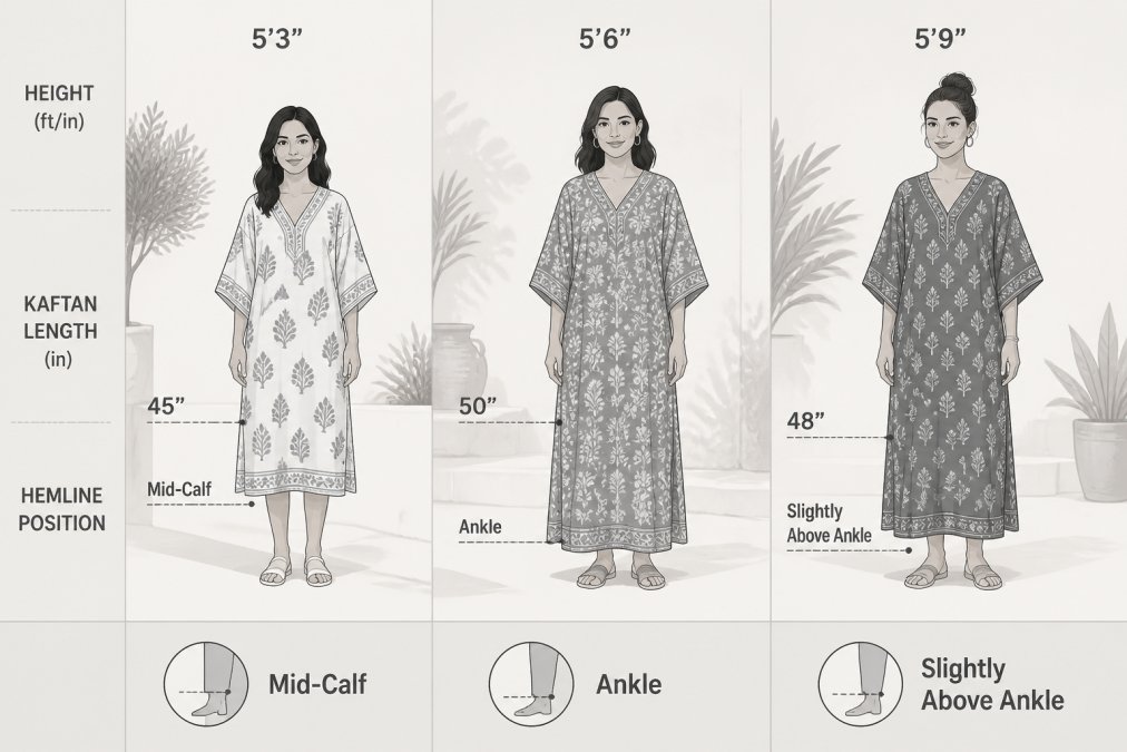 Three women of varying heights standing side by side wearing hand block-printed cotton kaftans in different colors, showing how the hemline falls at different points on their bodies, one at mid-calf, one at ankle, one slightly above ankle, in natural outdoor light