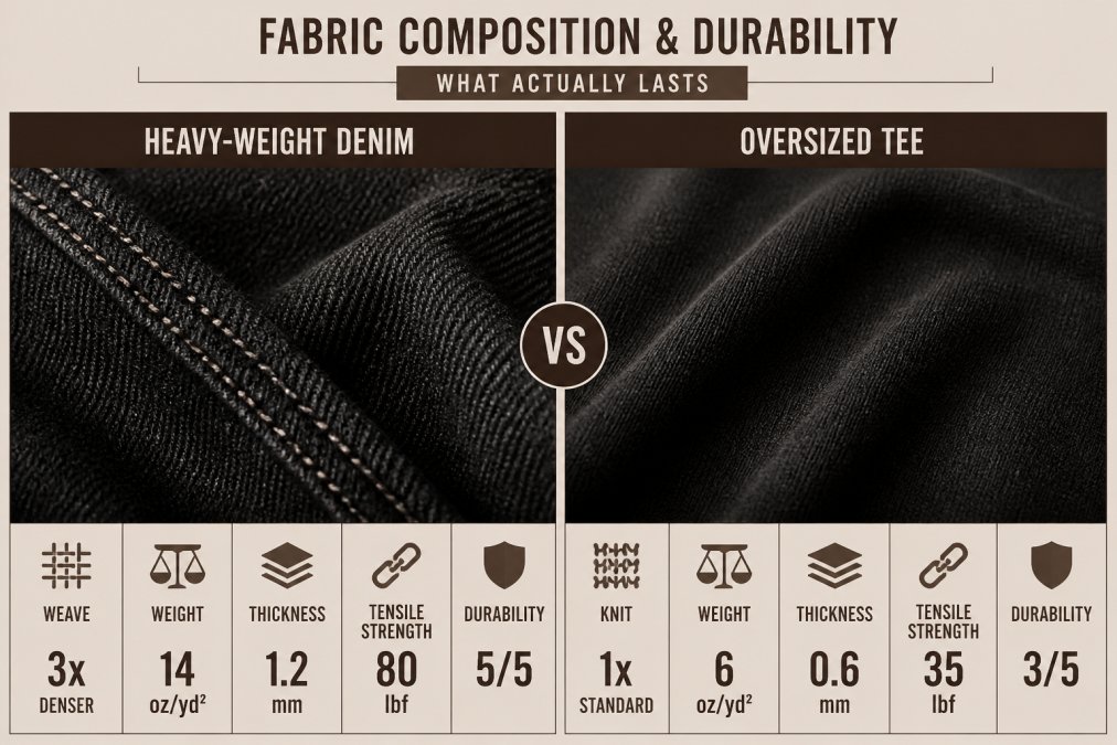 Close-up detail shot of heavy-weight black denim and oversized black tee fabric textures side by side, showing visible weave structure and fabric density under natural light