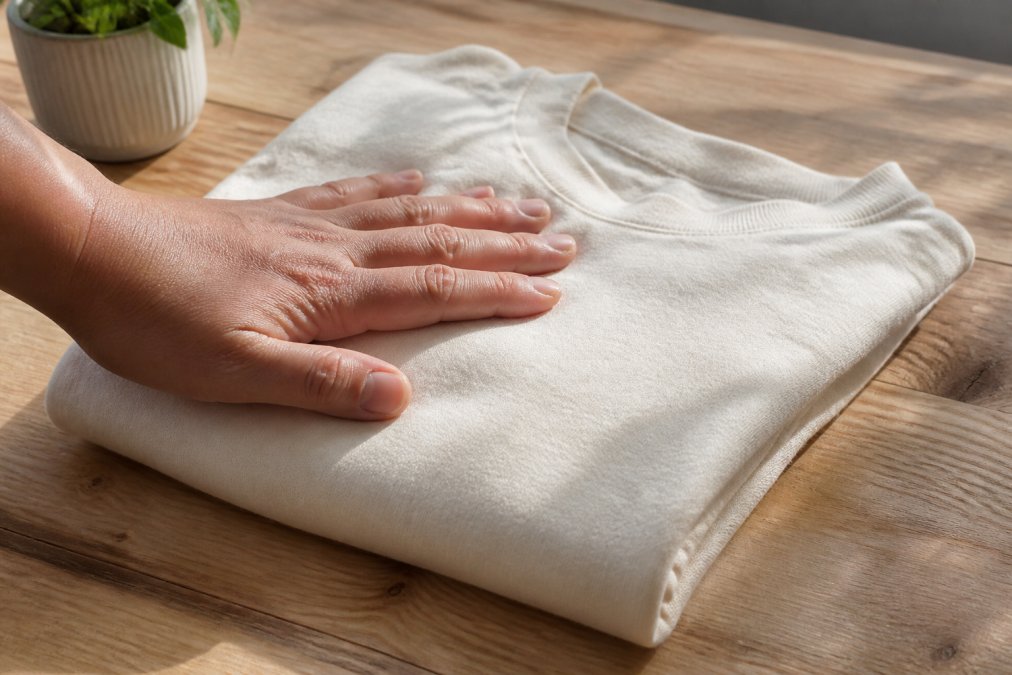 Close-up of a person's hand gently pressing the soft, folded surface of a cream-colored cotton t-shirt on a bright, clean wooden table, natural daylight