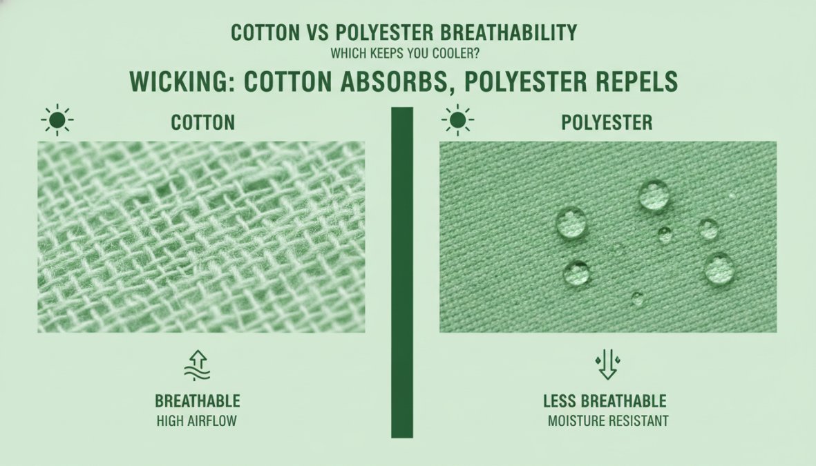 Close-up of two fabric swatches side-by-side in natural sunlight, showing cotton's porous, open weave next to polyester's tighter, more compact structure with water droplets beading on polyester surface