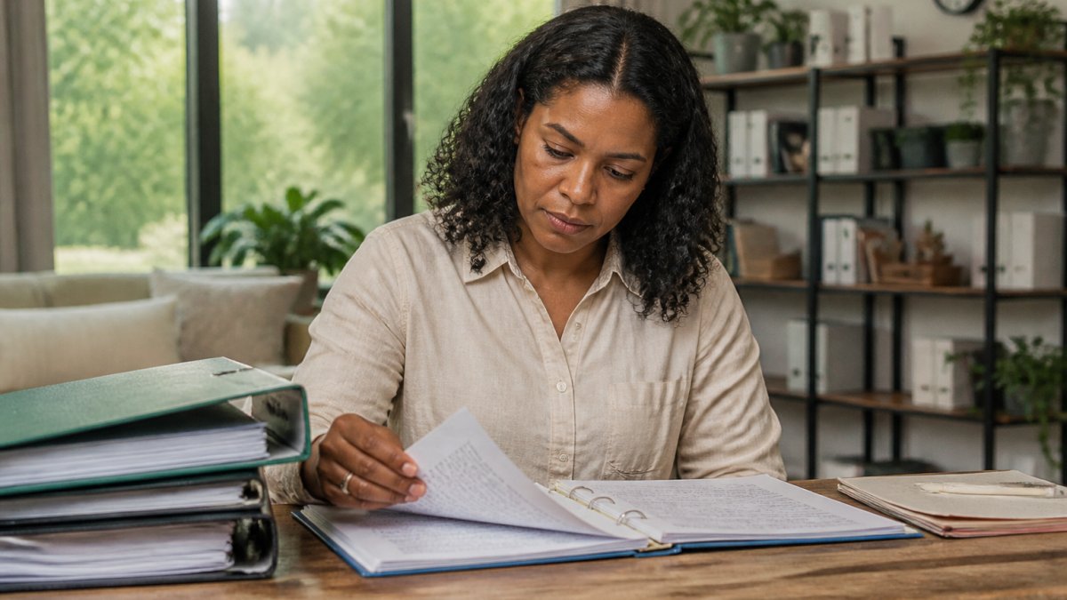 Professional counselor reviewing confidential client case notes and documentation at a desk in a clinical office